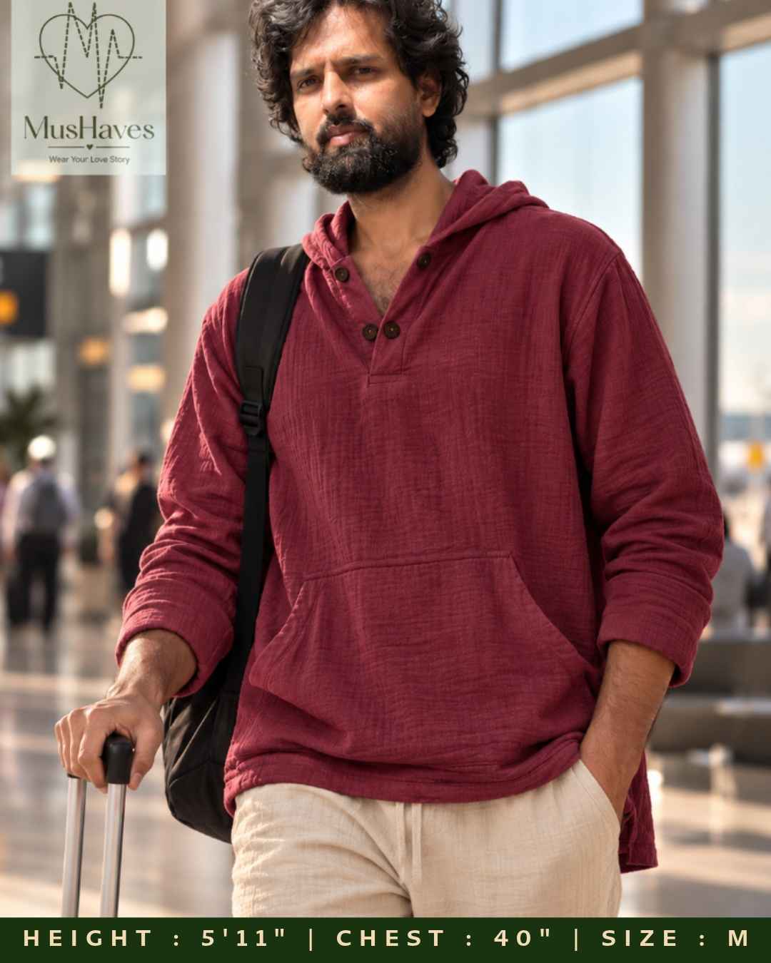 Muslin Layered Pullover Hoodie – Wine Maroon