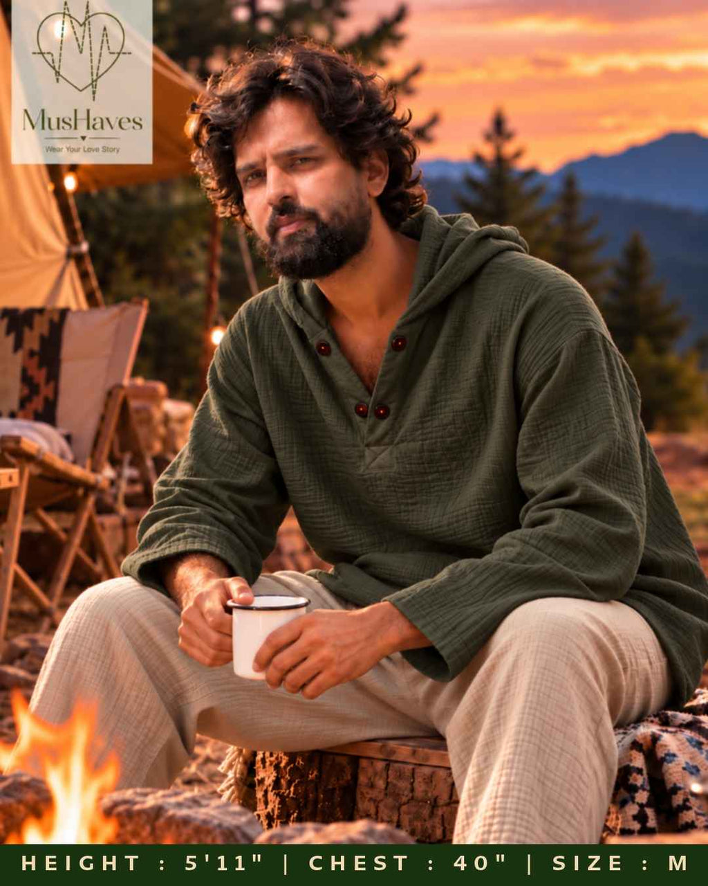 Muslin Layered Pullover Hoodie – Olive Green