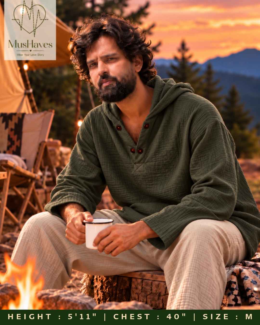 Muslin Layered Pullover Hoodie – Olive Green