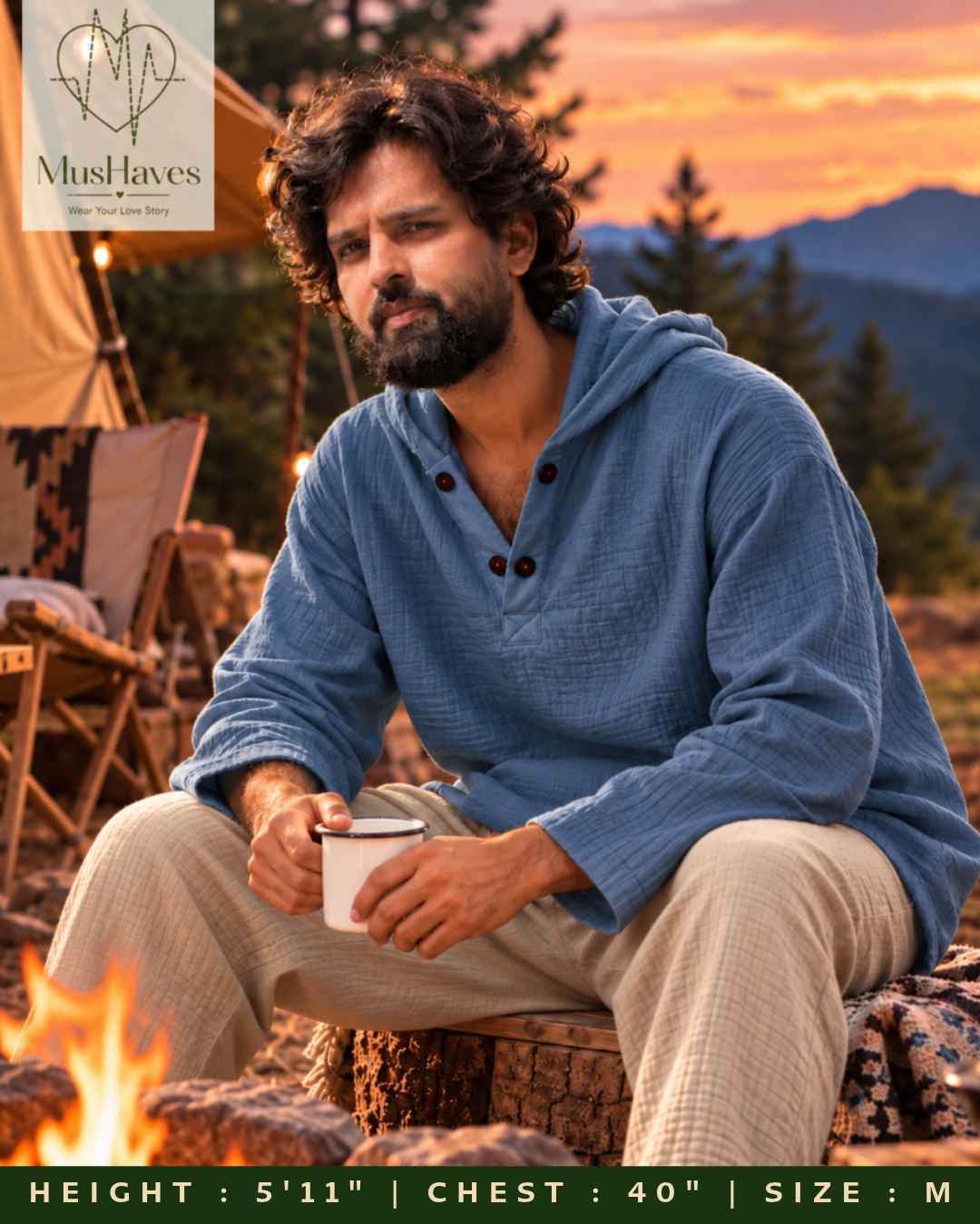 Muslin Layered Pullover Hoodie – Steel Blue
