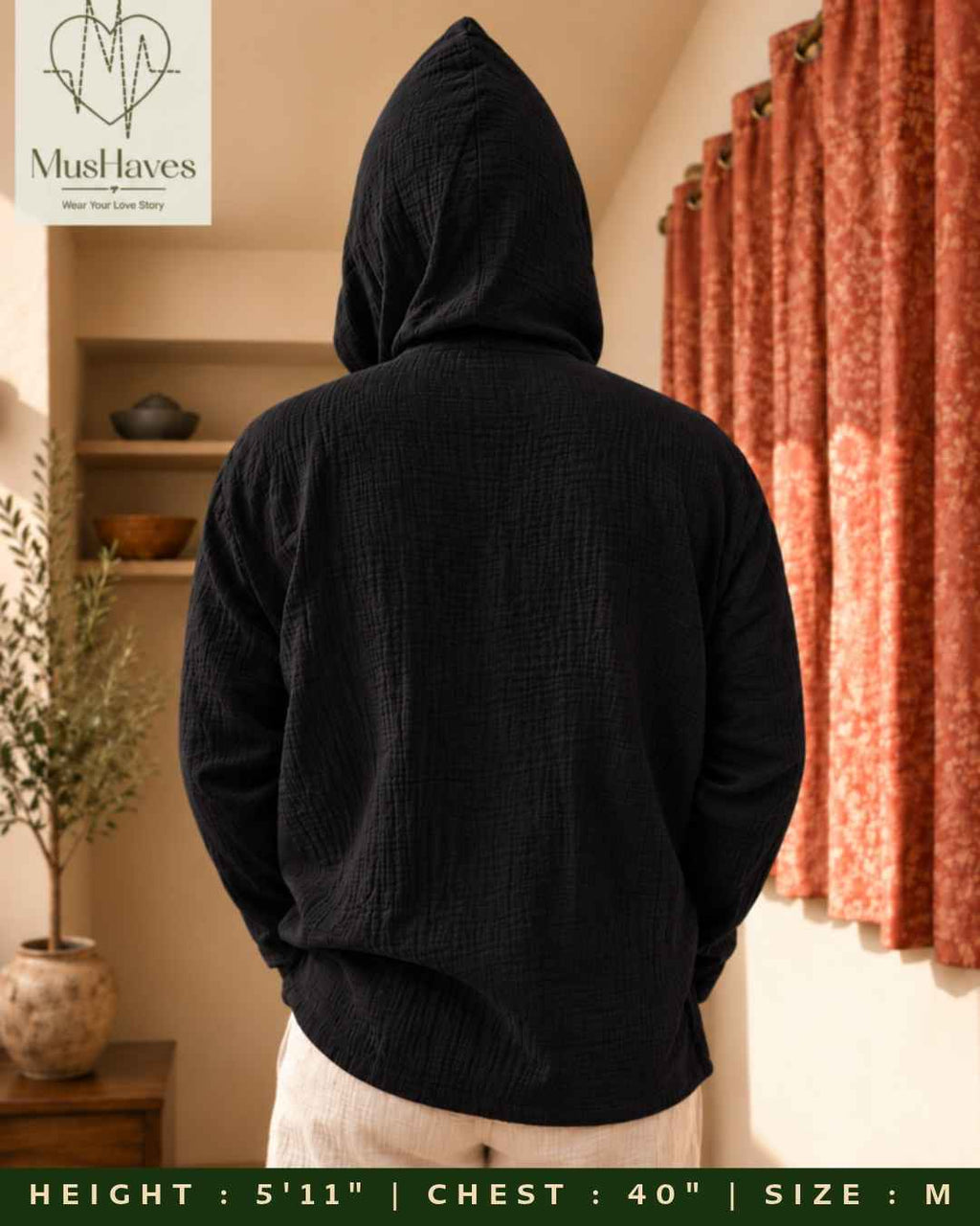 Muslin Layered Pullover Hoodie – Charcoal Black