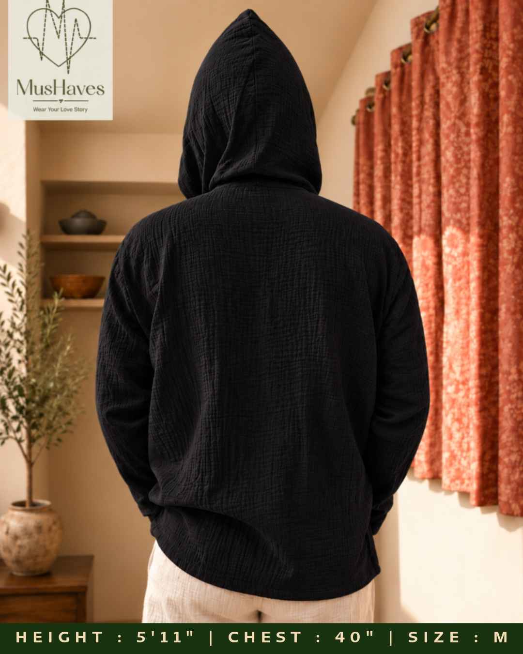 Muslin Layered Pullover Hoodie – Charcoal Black