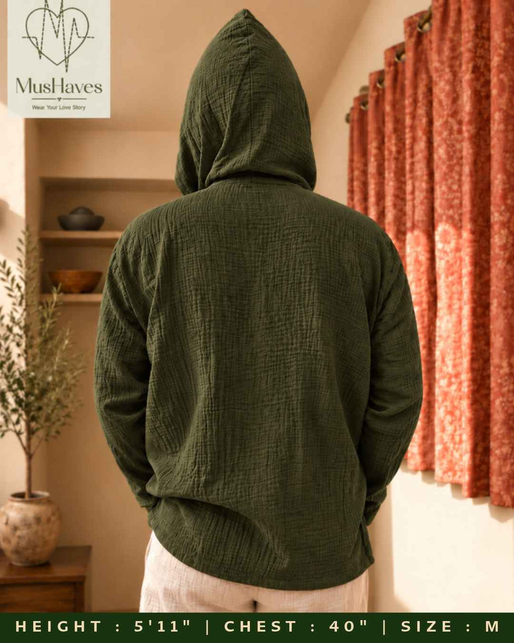 Muslin Layered Pullover Hoodie – Olive Green