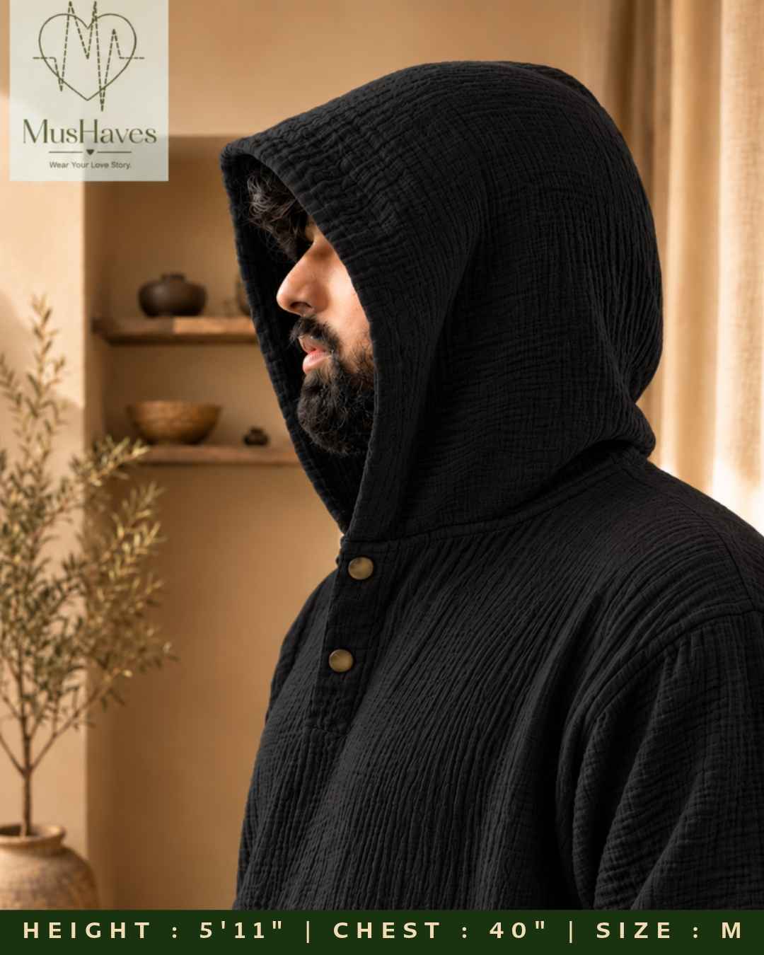 Muslin Layered Pullover Hoodie – Charcoal Black