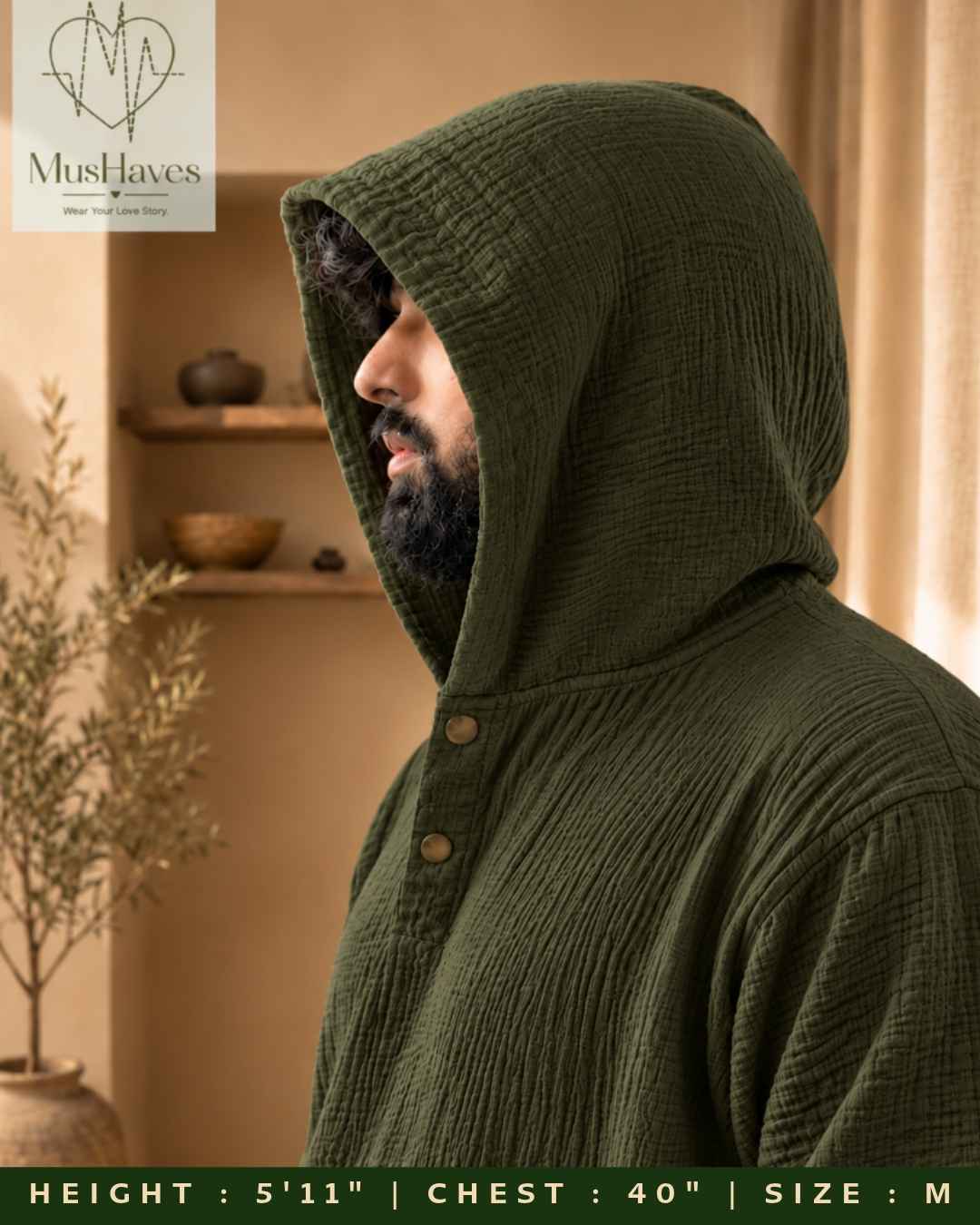 Muslin Layered Pullover Hoodie – Olive Green