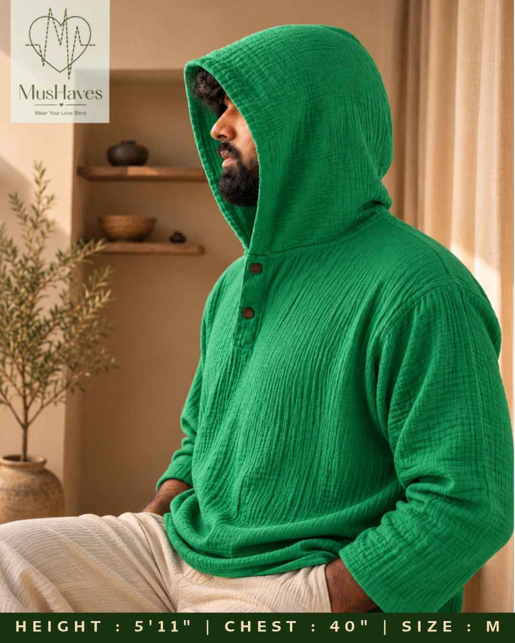 Muslin Layered Pullover Hoodie – Parrot Green