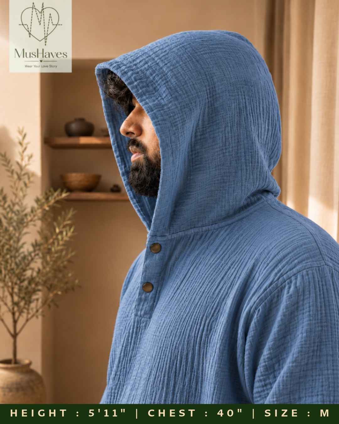 Muslin Layered Pullover Hoodie – Steel Blue