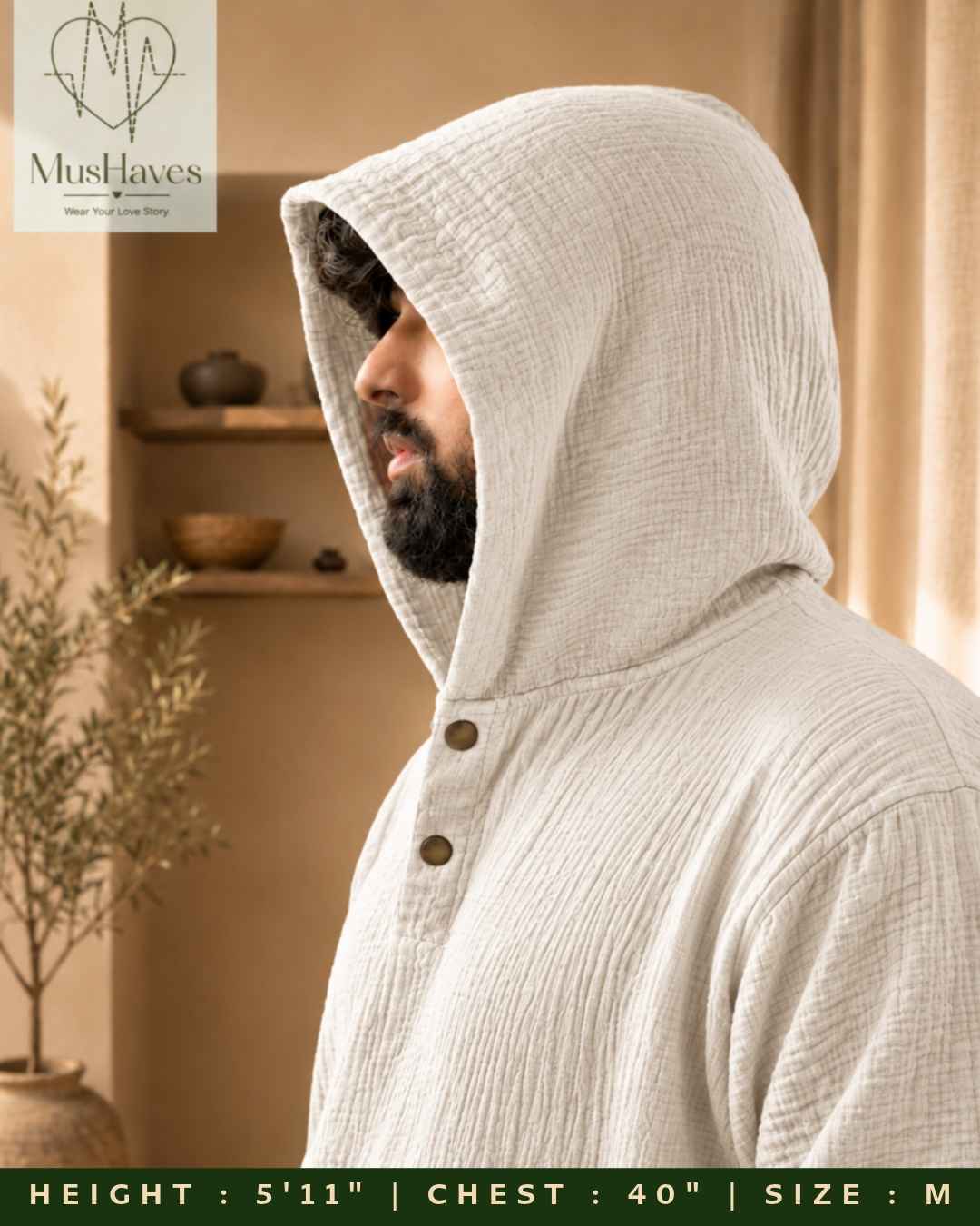 Muslin Layered Pullover Hoodie – Pearl White
