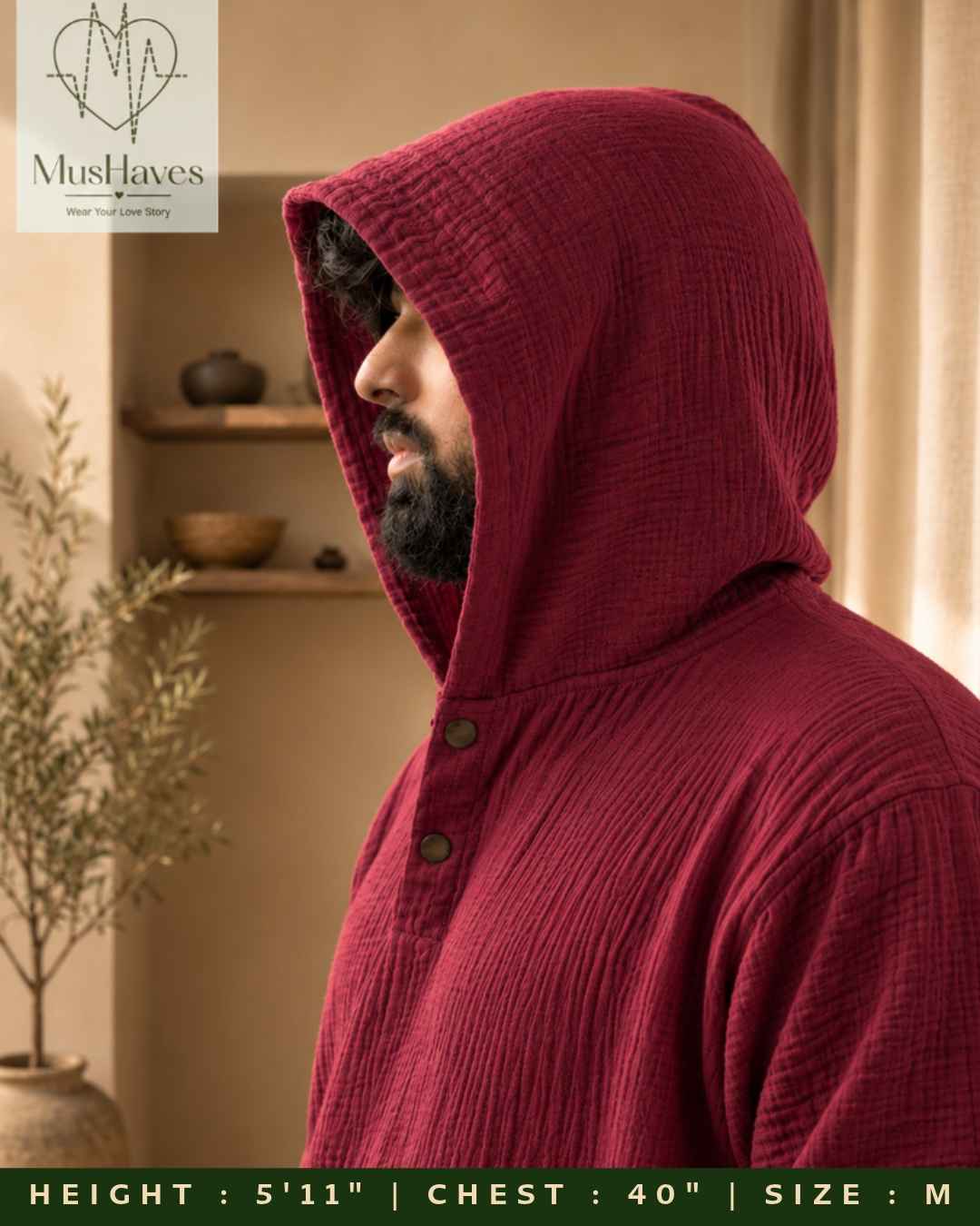 Muslin Layered Pullover Hoodie – Wine Maroon