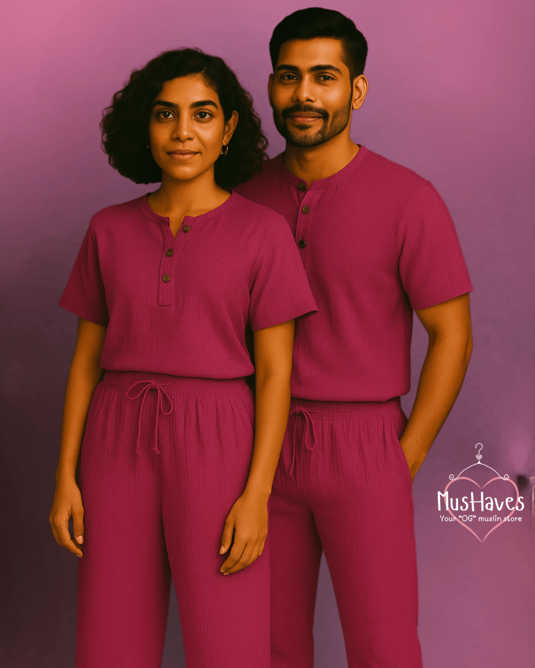 Henley Coord | Premium Muslin | Unisex | Magenta Purple