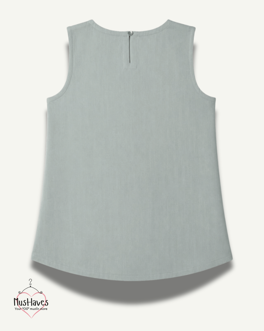 Muslin Round Neck Sleeveless Back Slit Top - Sage Grey