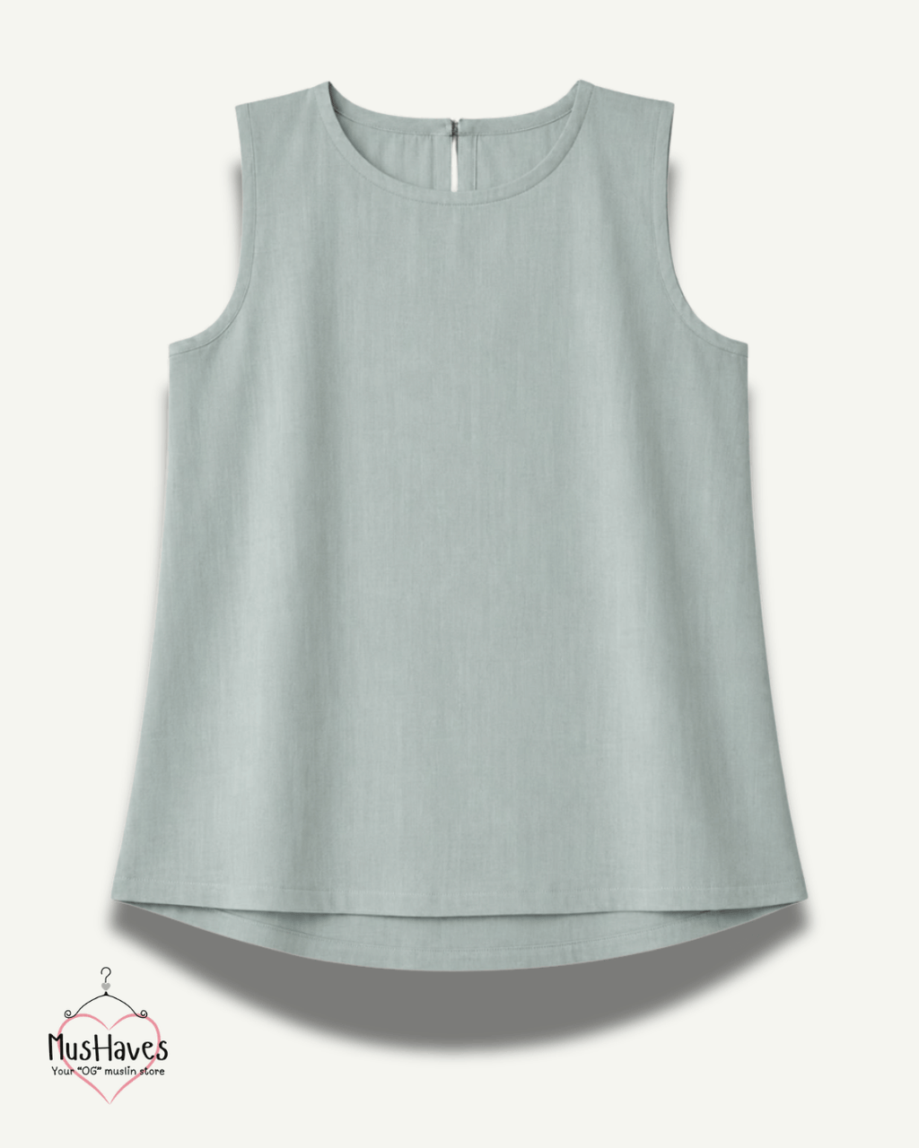 Muslin Round Neck Sleeveless Back Slit Top - Sage Grey