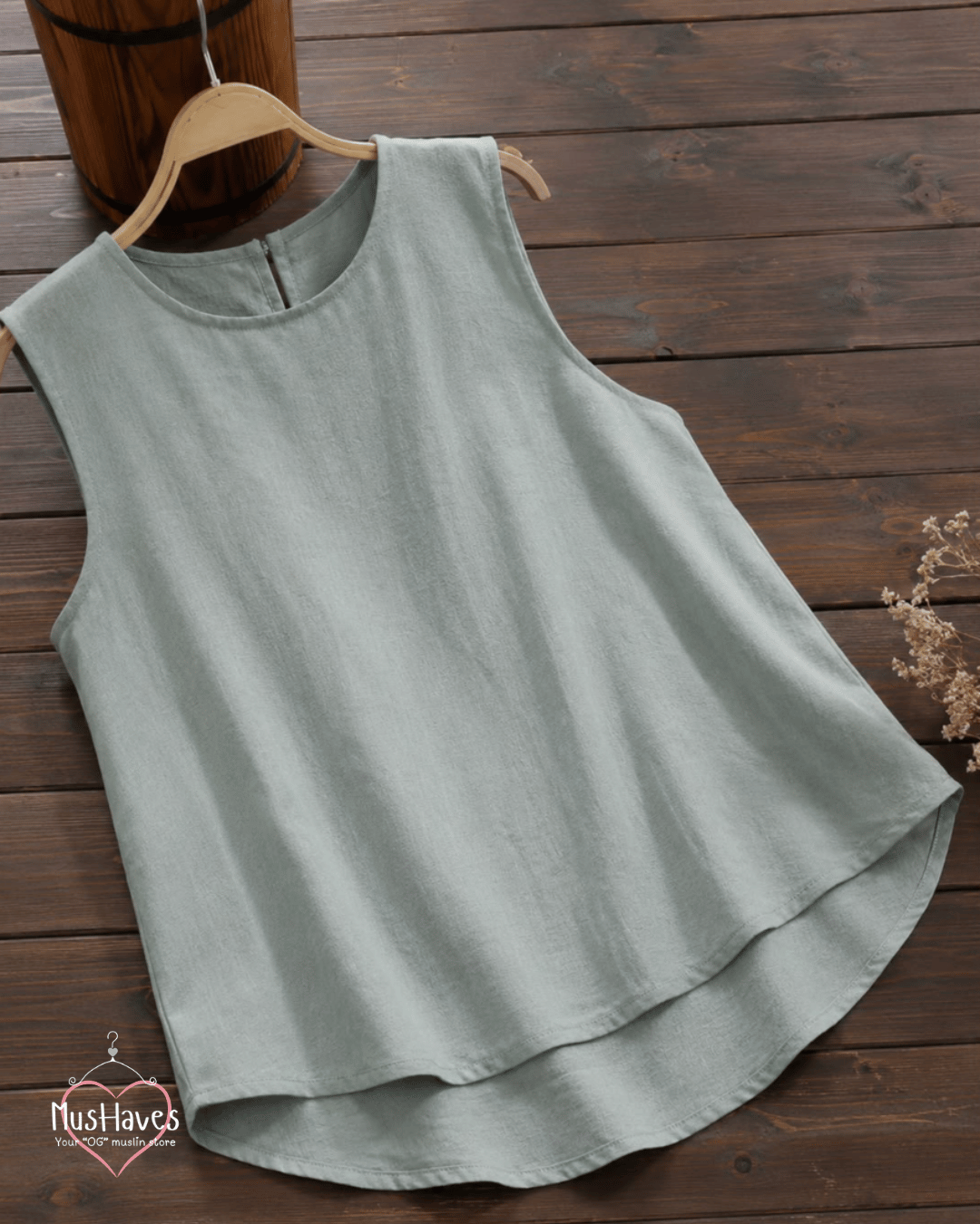 Muslin Round Neck Sleeveless Back Slit Top - Sage Grey