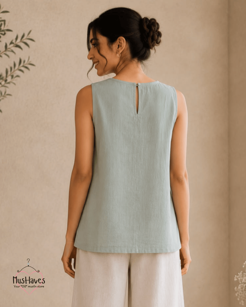 Muslin Round Neck Sleeveless Back Slit Top - Sage Grey
