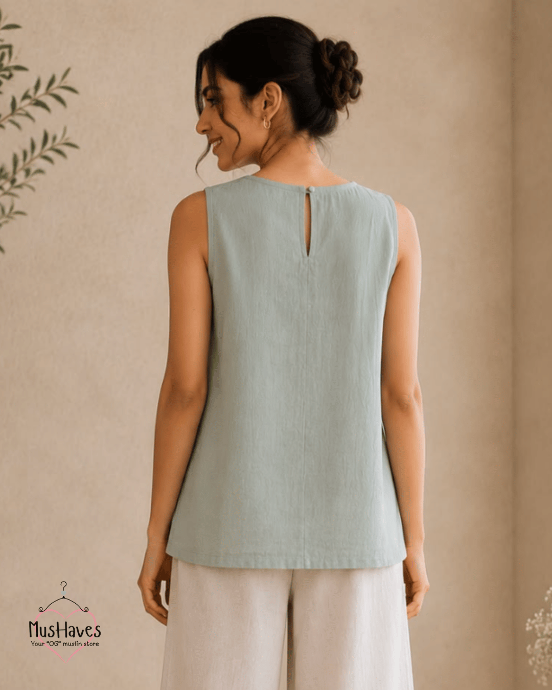 Muslin Round Neck Sleeveless Back Slit Top - Sage Grey