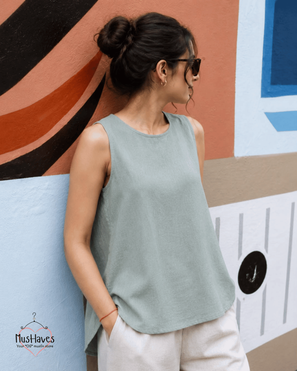 Muslin Round Neck Sleeveless Back Slit Top - Sage Grey