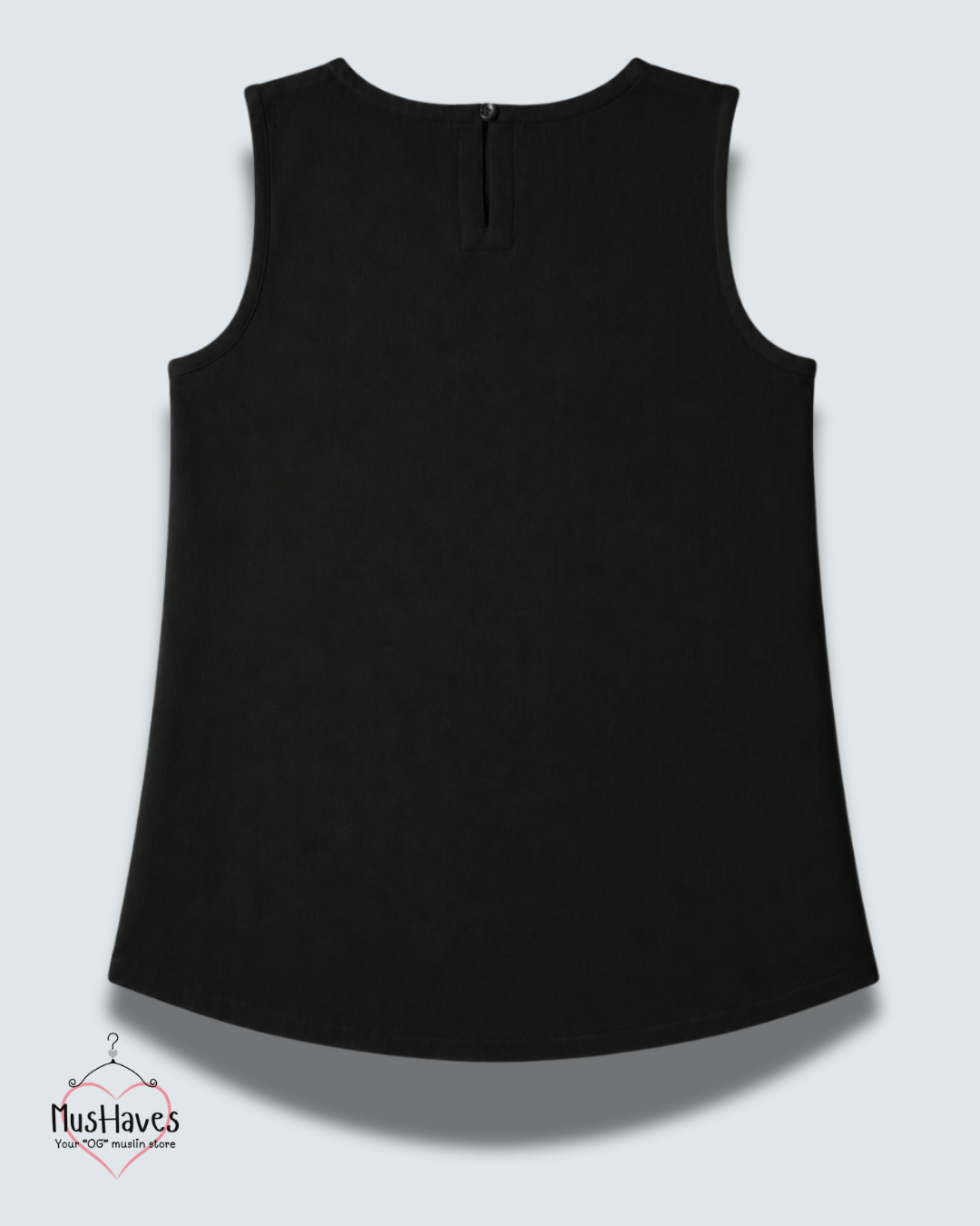Muslin Round Neck Sleeveless Back Slit Top - Charcoal Black