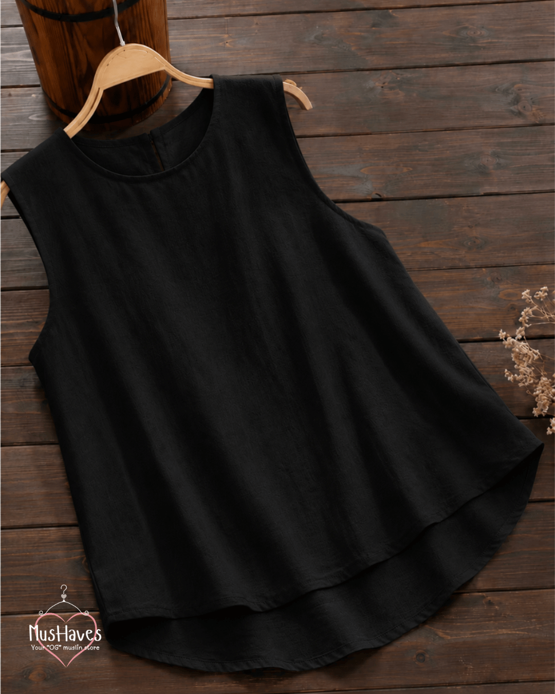 Muslin Round Neck Sleeveless Back Slit Top - Charcoal Black