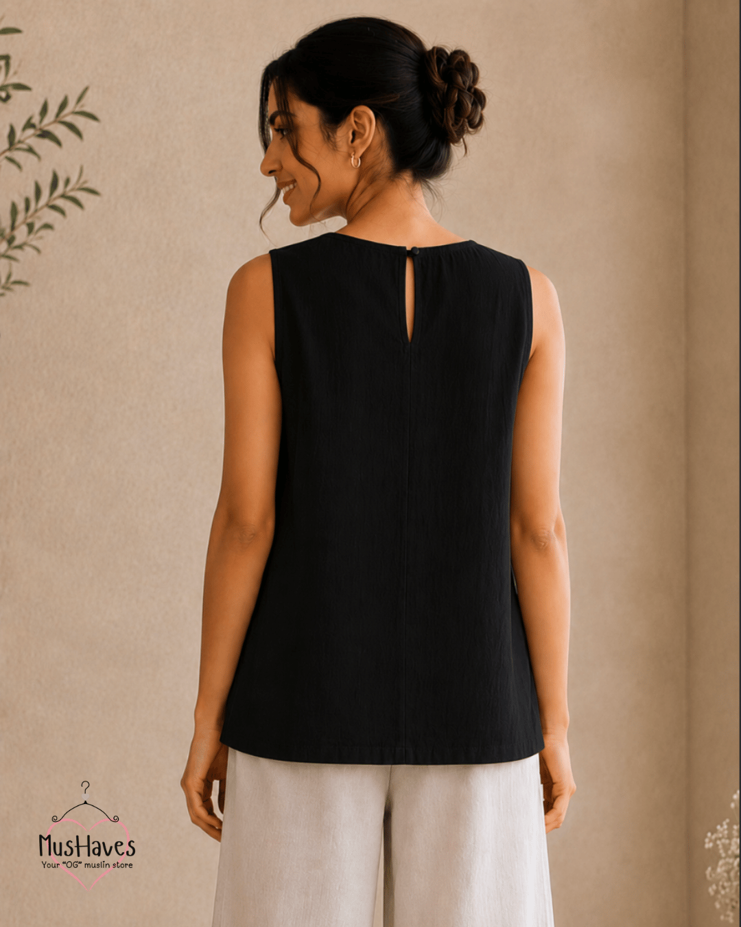 Muslin Round Neck Sleeveless Back Slit Top - Charcoal Black