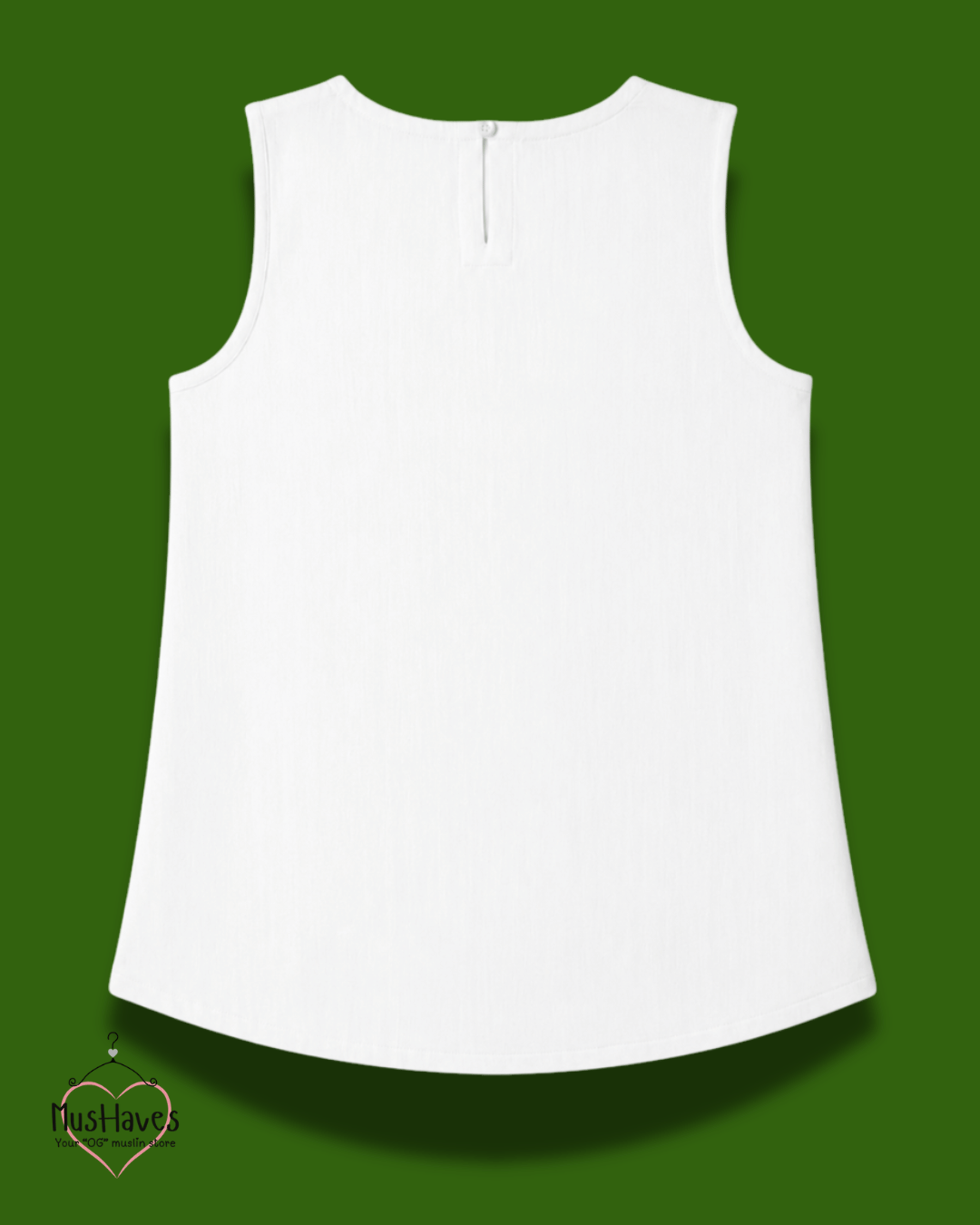 Muslin Round Neck Sleeveless Back Slit Top - Pearl White