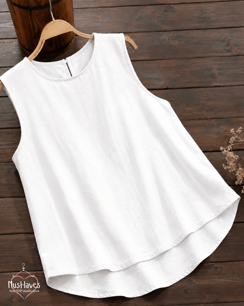 Muslin Round Neck Sleeveless Back Slit Top - Pearl White