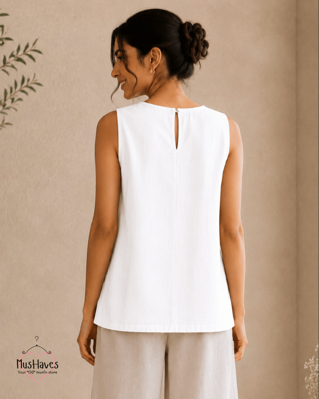 Muslin Round Neck Sleeveless Back Slit Top - Pearl White