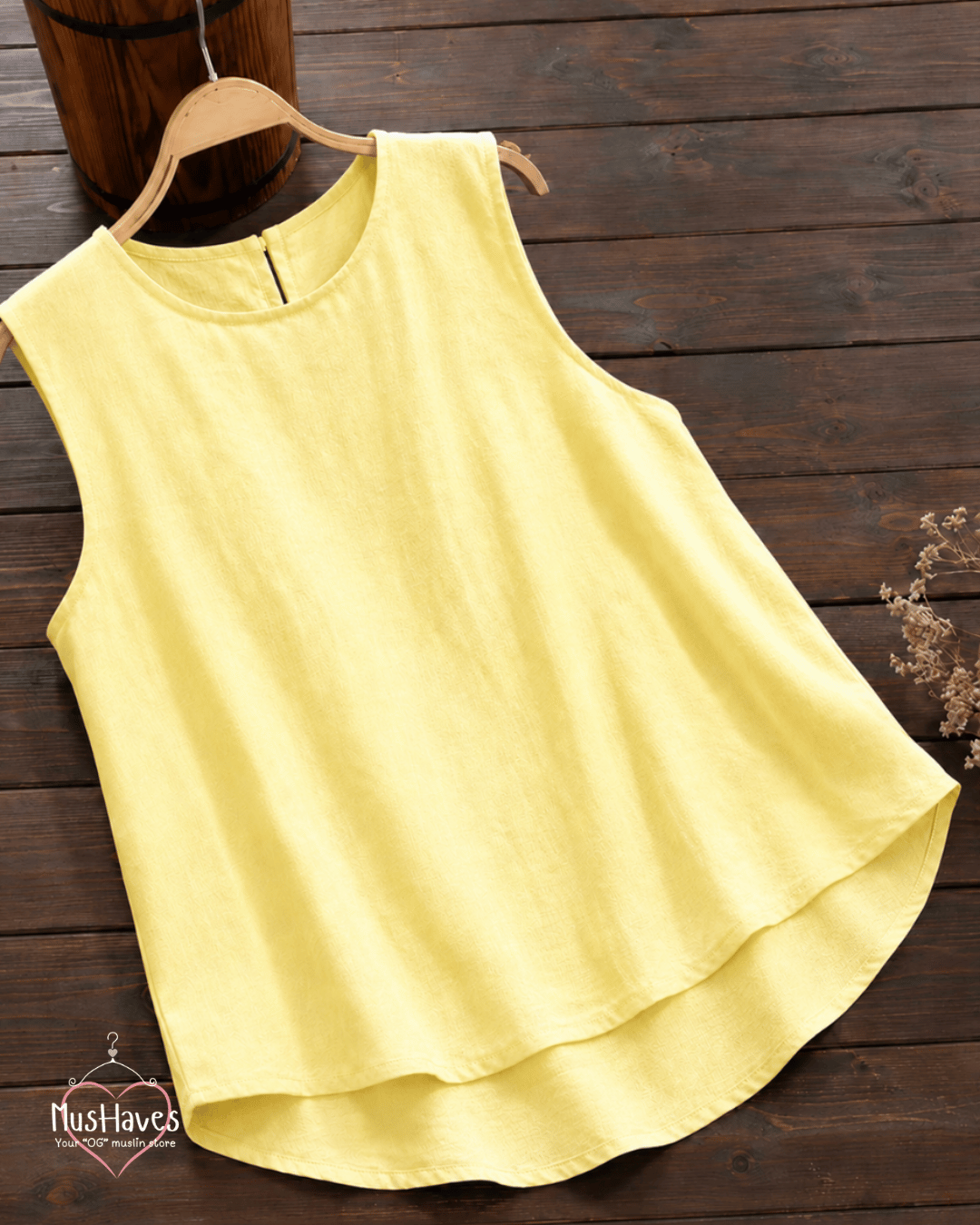 Muslin Round Neck Sleeveless Back Slit Top - Lemon Yellow