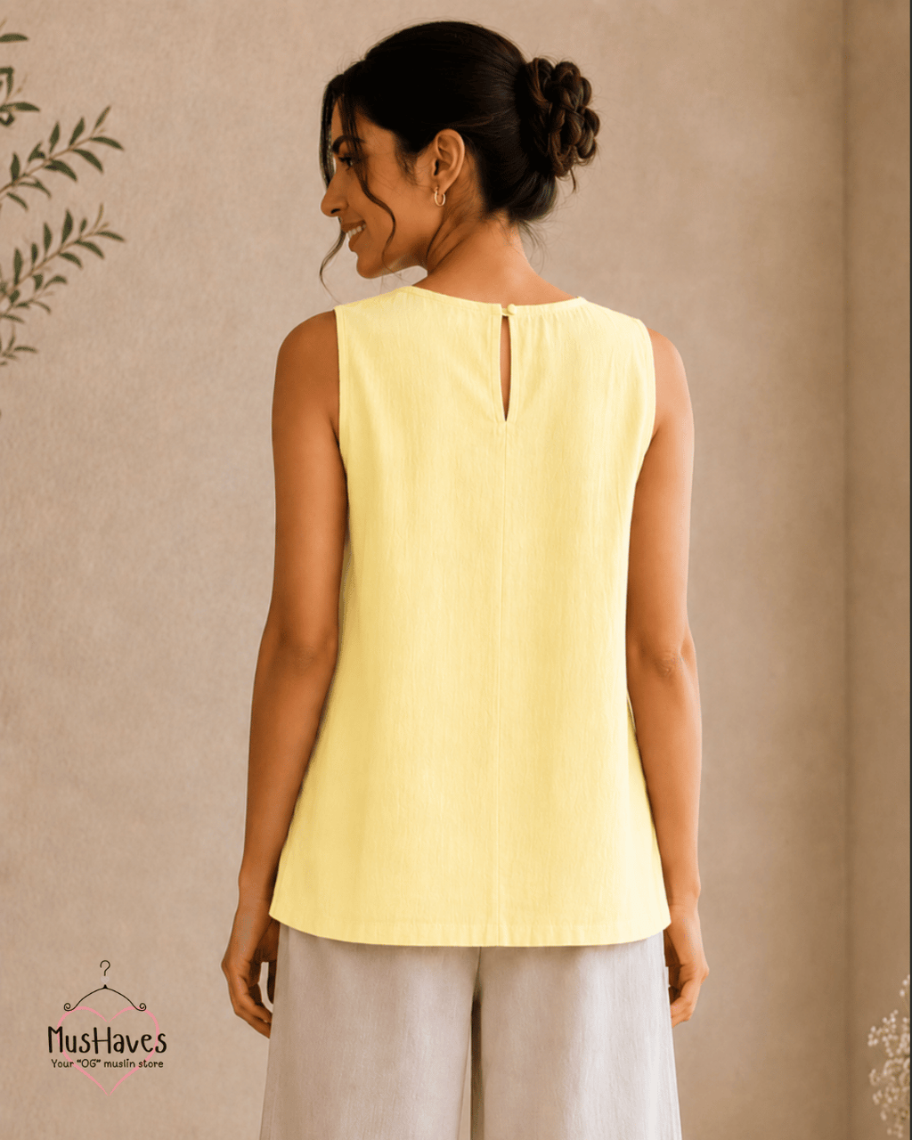 Muslin Round Neck Sleeveless Back Slit Top - Lemon Yellow