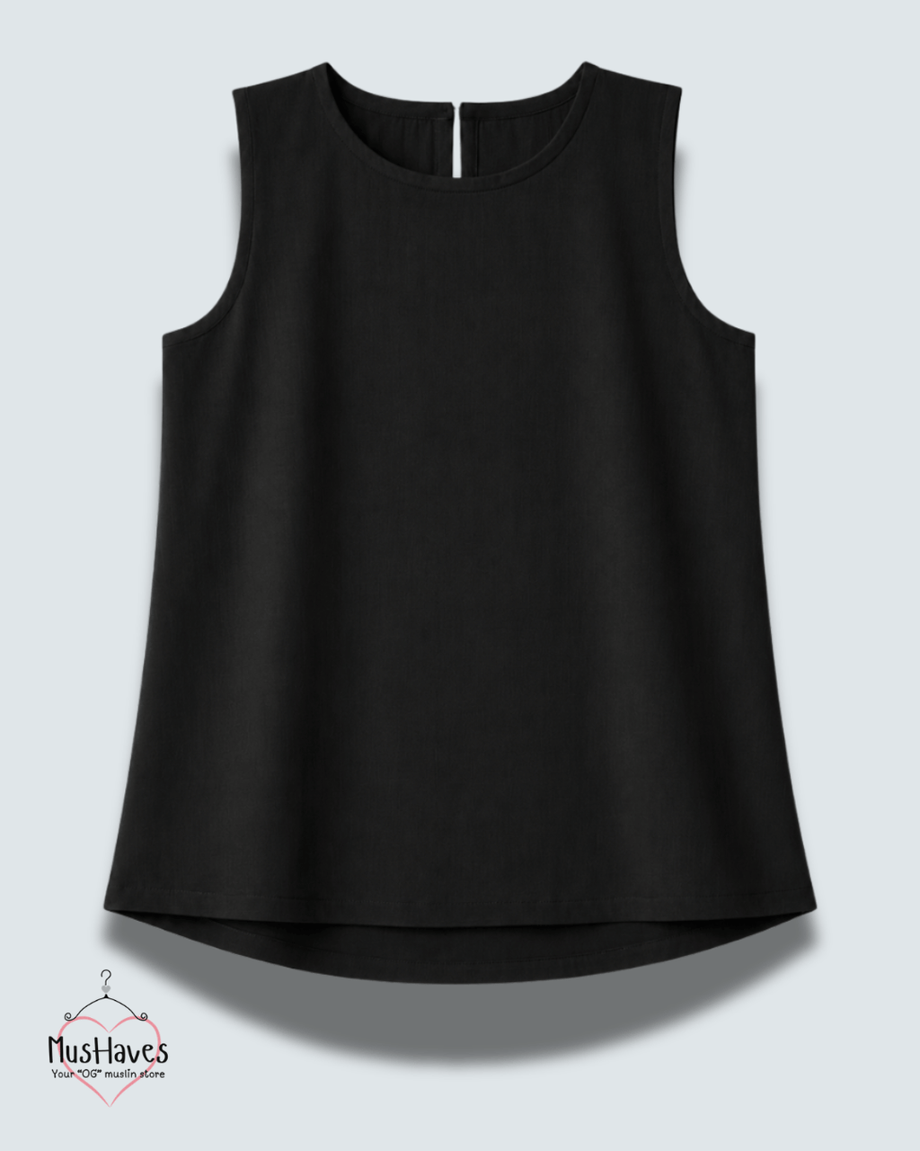 Muslin Round Neck Sleeveless Back Slit Top - Charcoal Black