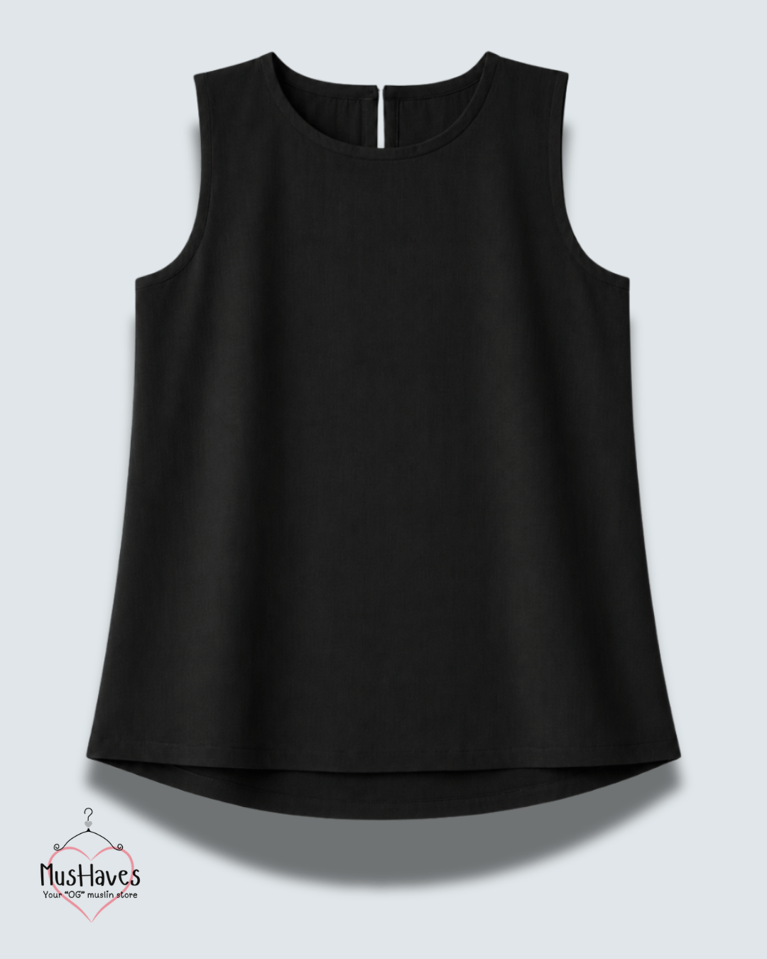Muslin Round Neck Sleeveless Back Slit Top - Charcoal Black