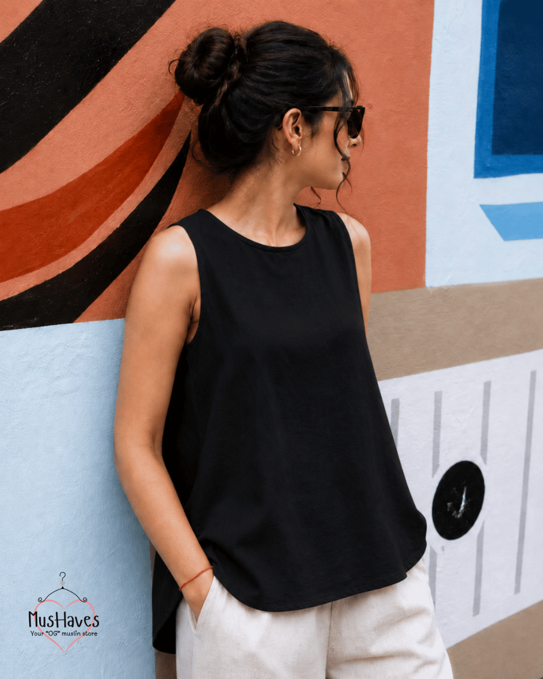 Muslin Round Neck Sleeveless Back Slit Top - Charcoal Black