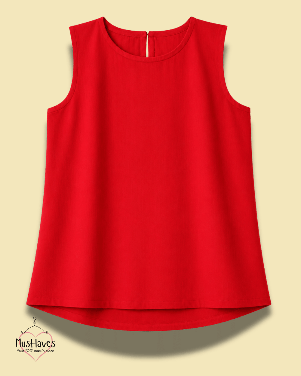 Muslin Round Neck Sleeveless Back Slit Top - Red