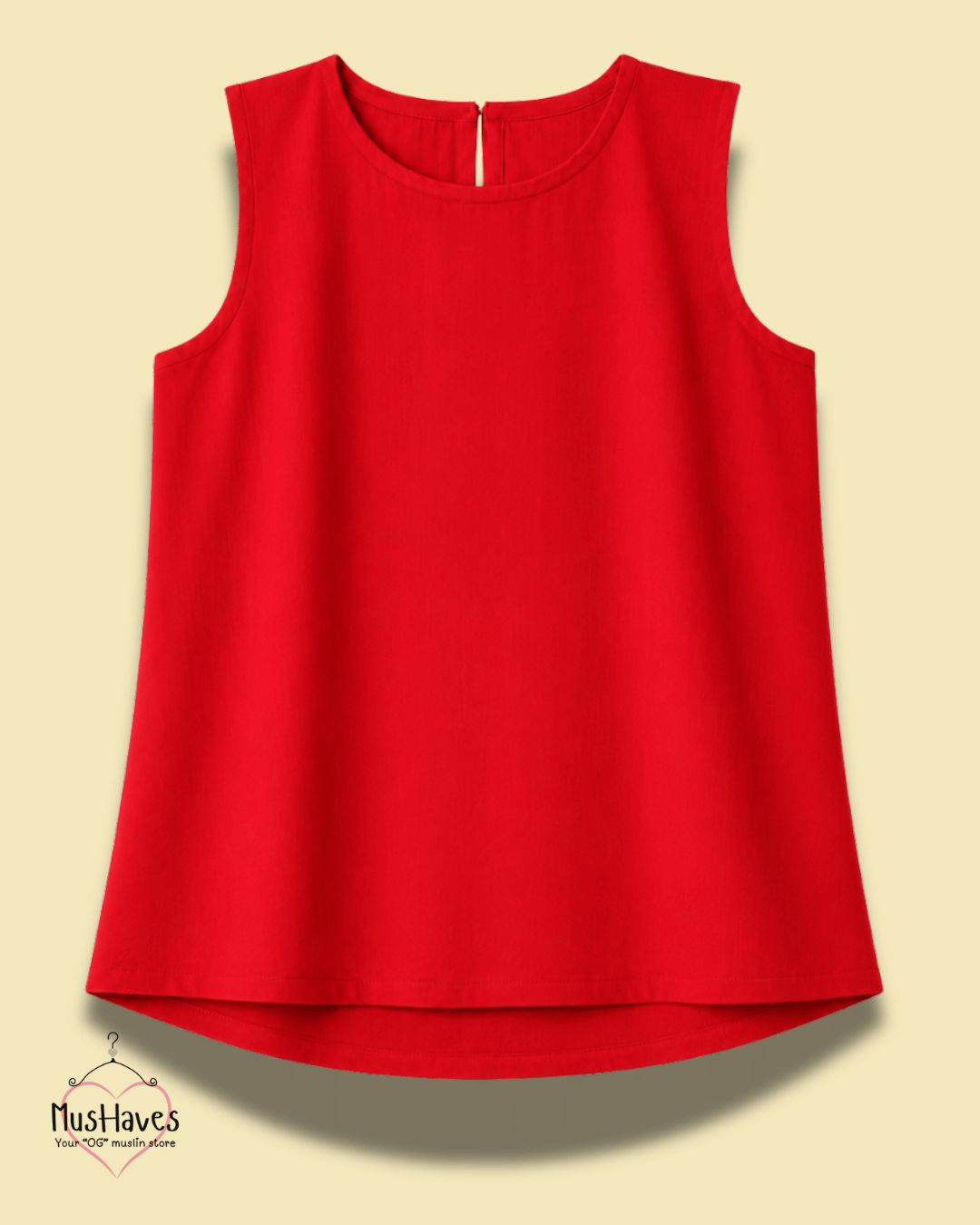 Muslin Round Neck Sleeveless Back Slit Top - Red