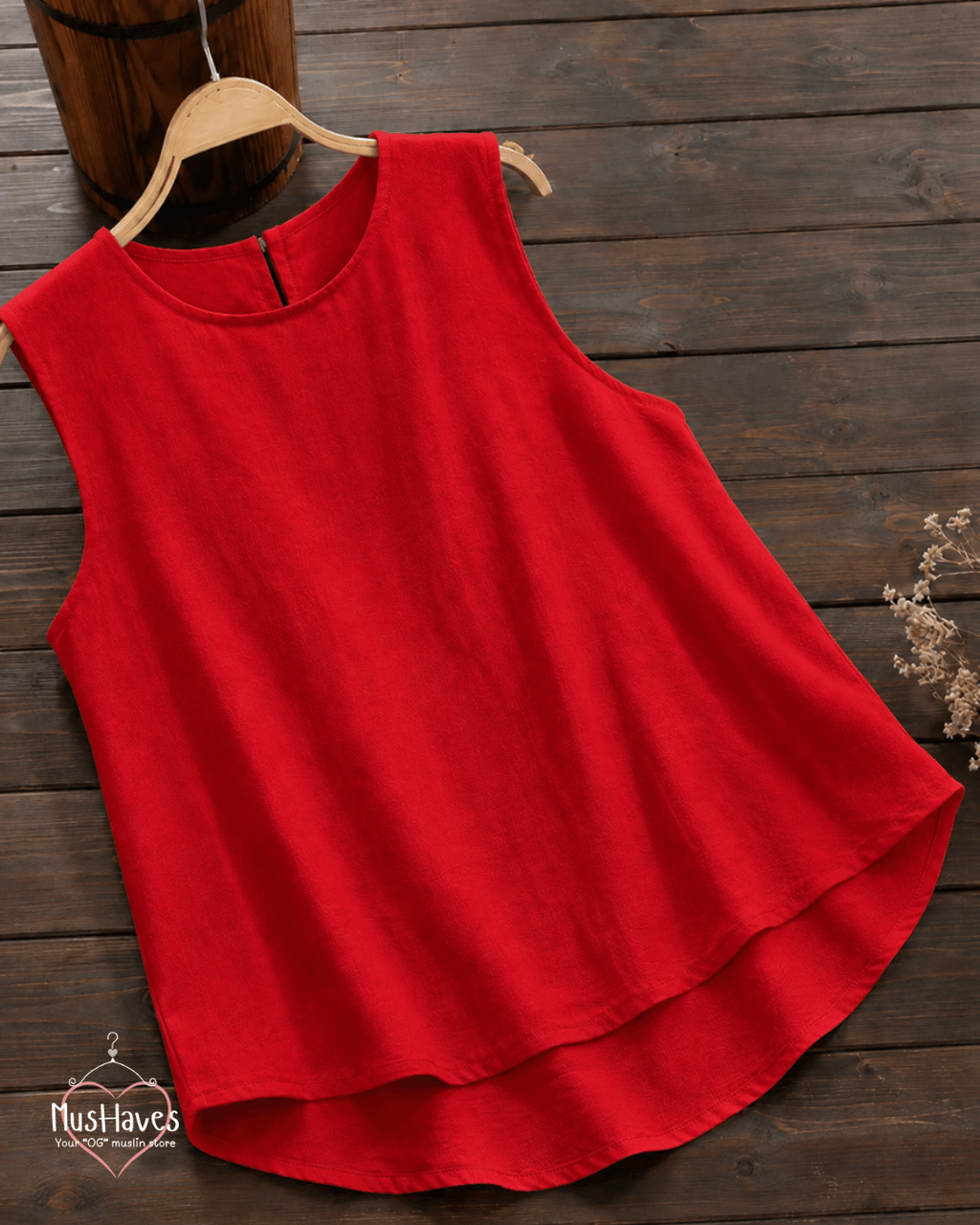 Muslin Round Neck Sleeveless Back Slit Top - Red