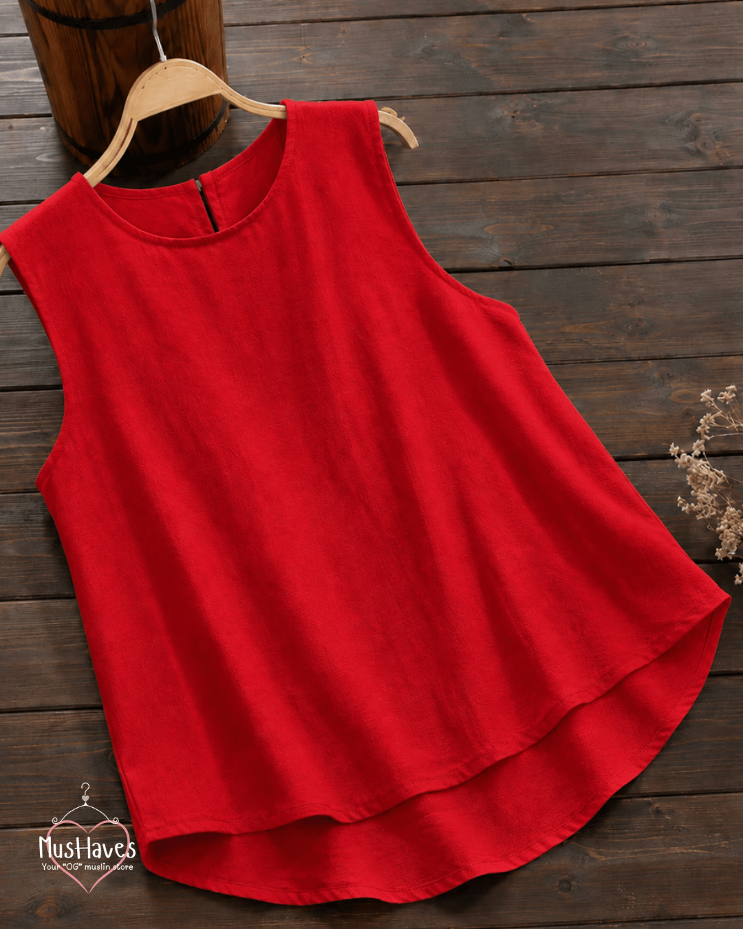 Muslin Round Neck Sleeveless Back Slit Top - Red