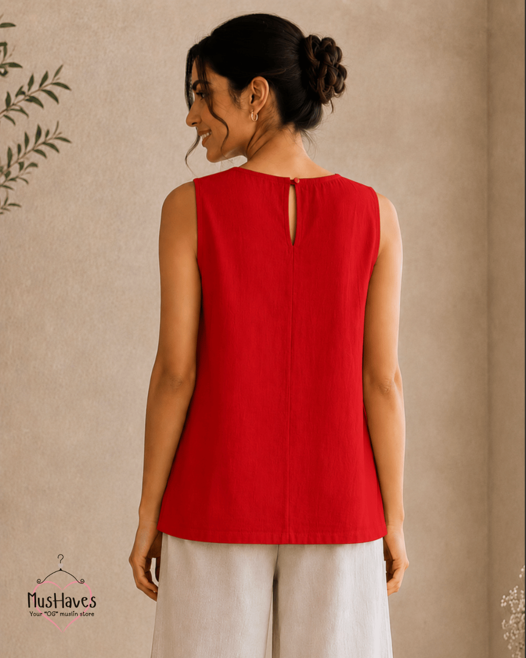 Muslin Round Neck Sleeveless Back Slit Top - Red