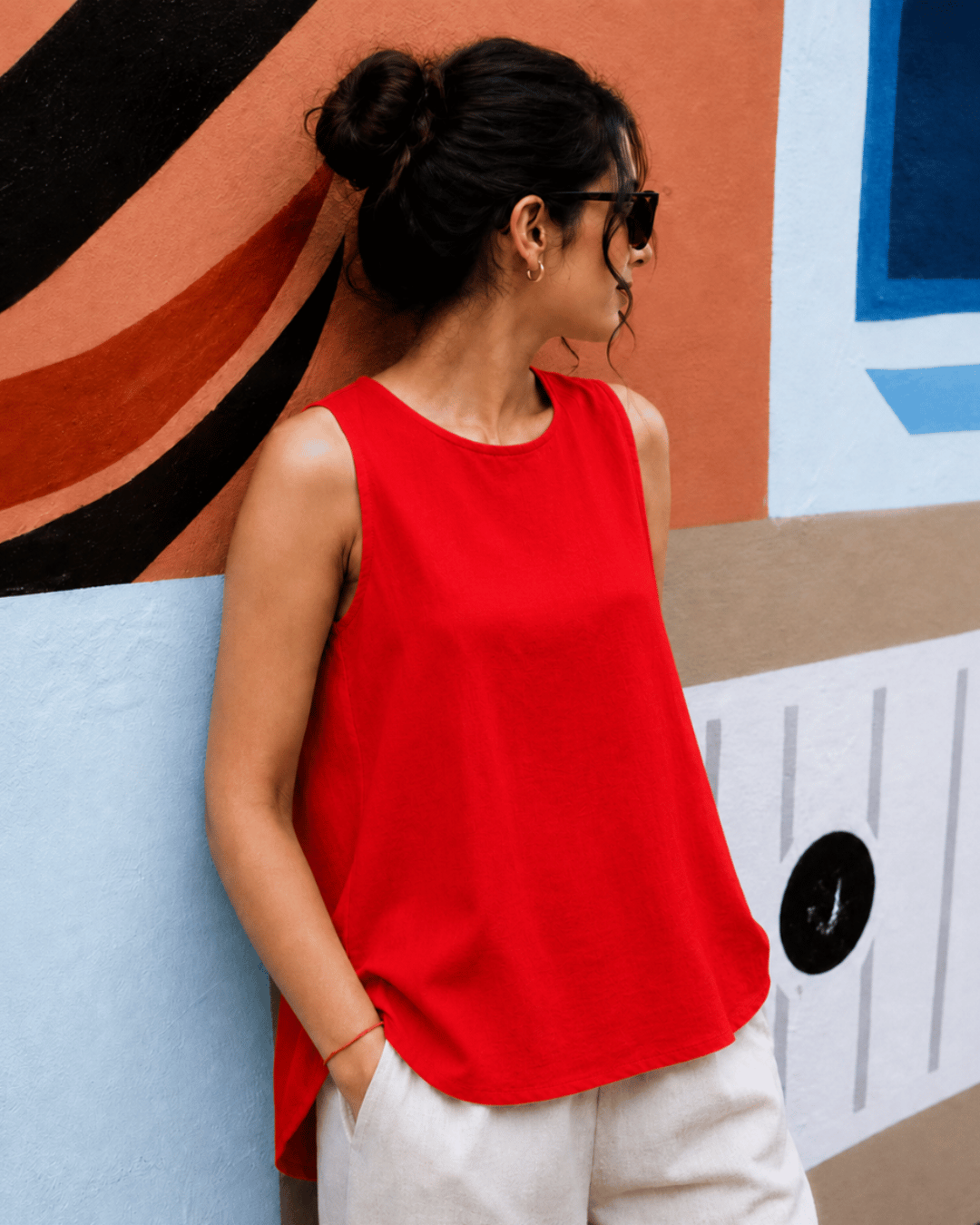 Muslin Round Neck Sleeveless Back Slit Top - Red