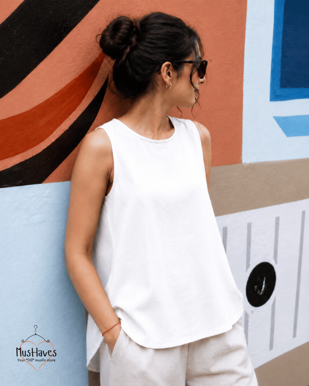 Muslin Round Neck Sleeveless Back Slit Top - Pearl White