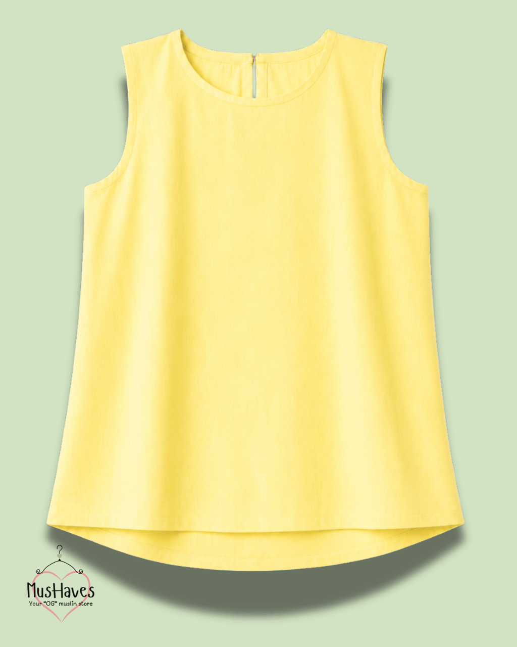 Muslin Round Neck Sleeveless Back Slit Top - Lemon Yellow