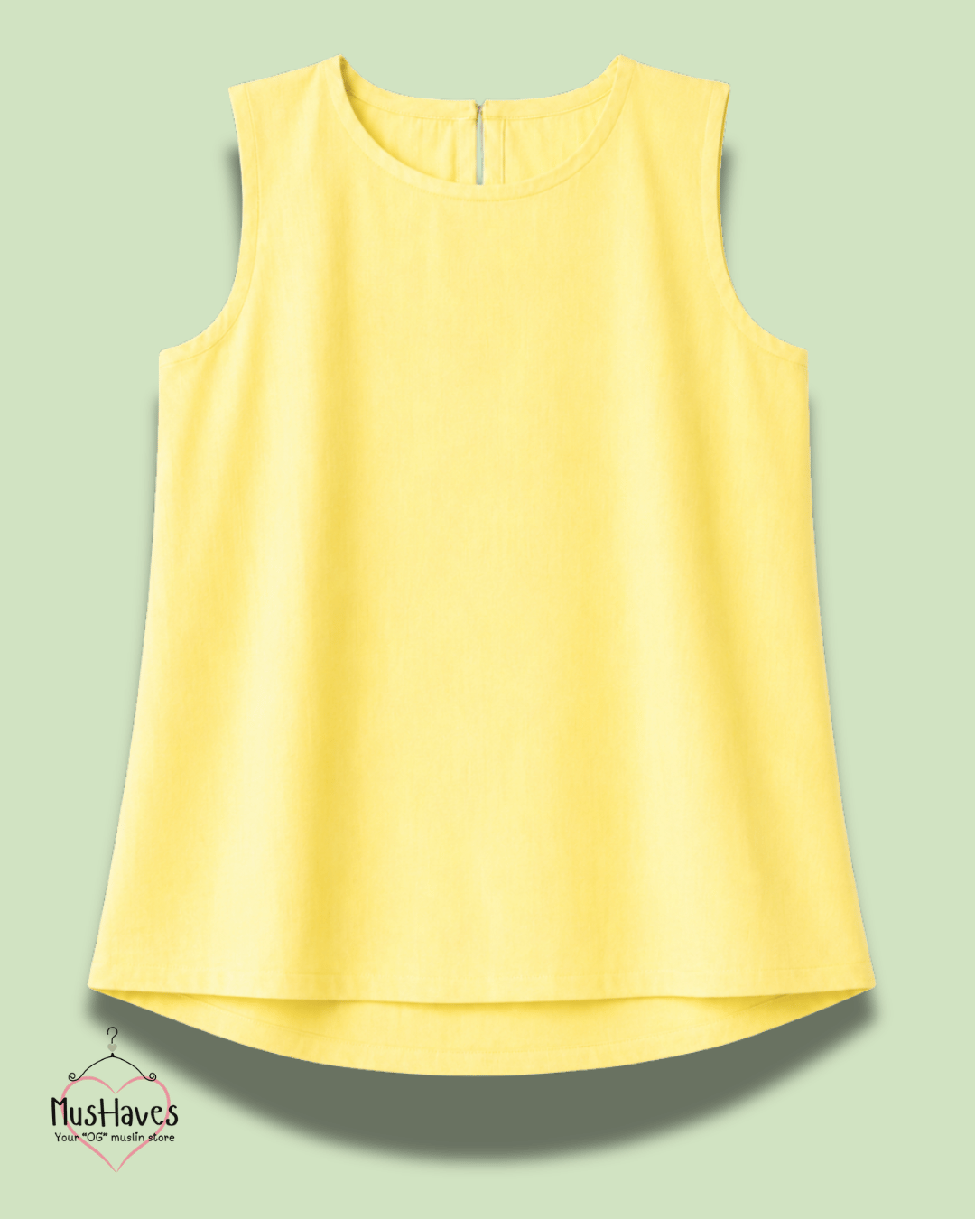 Muslin Round Neck Sleeveless Back Slit Top - Lemon Yellow