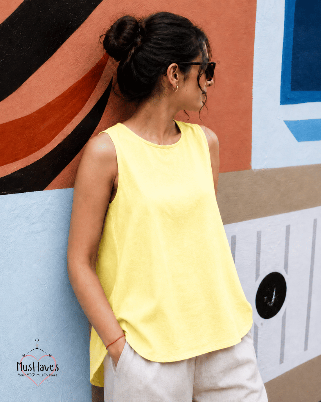 Muslin Round Neck Sleeveless Back Slit Top - Lemon Yellow
