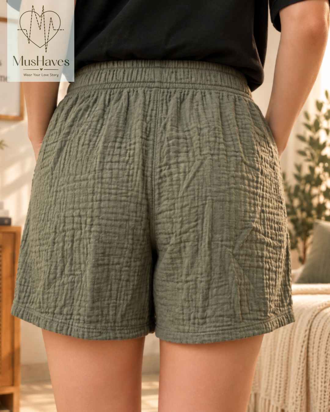 Muslin Tennis Shorts Women – Olive Green