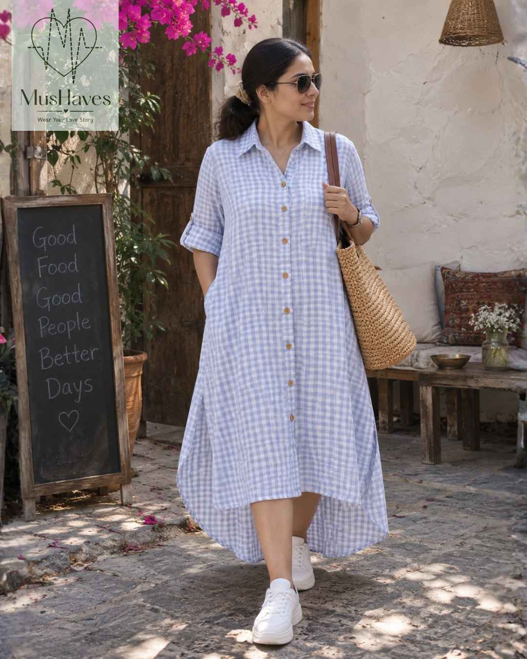 Signature Muslin Shirt Dress - Blue Checks