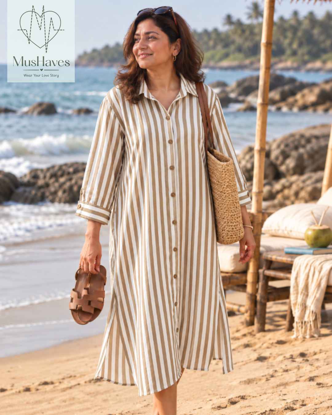 Signature Muslin Shirt Dress - Brown Stripes