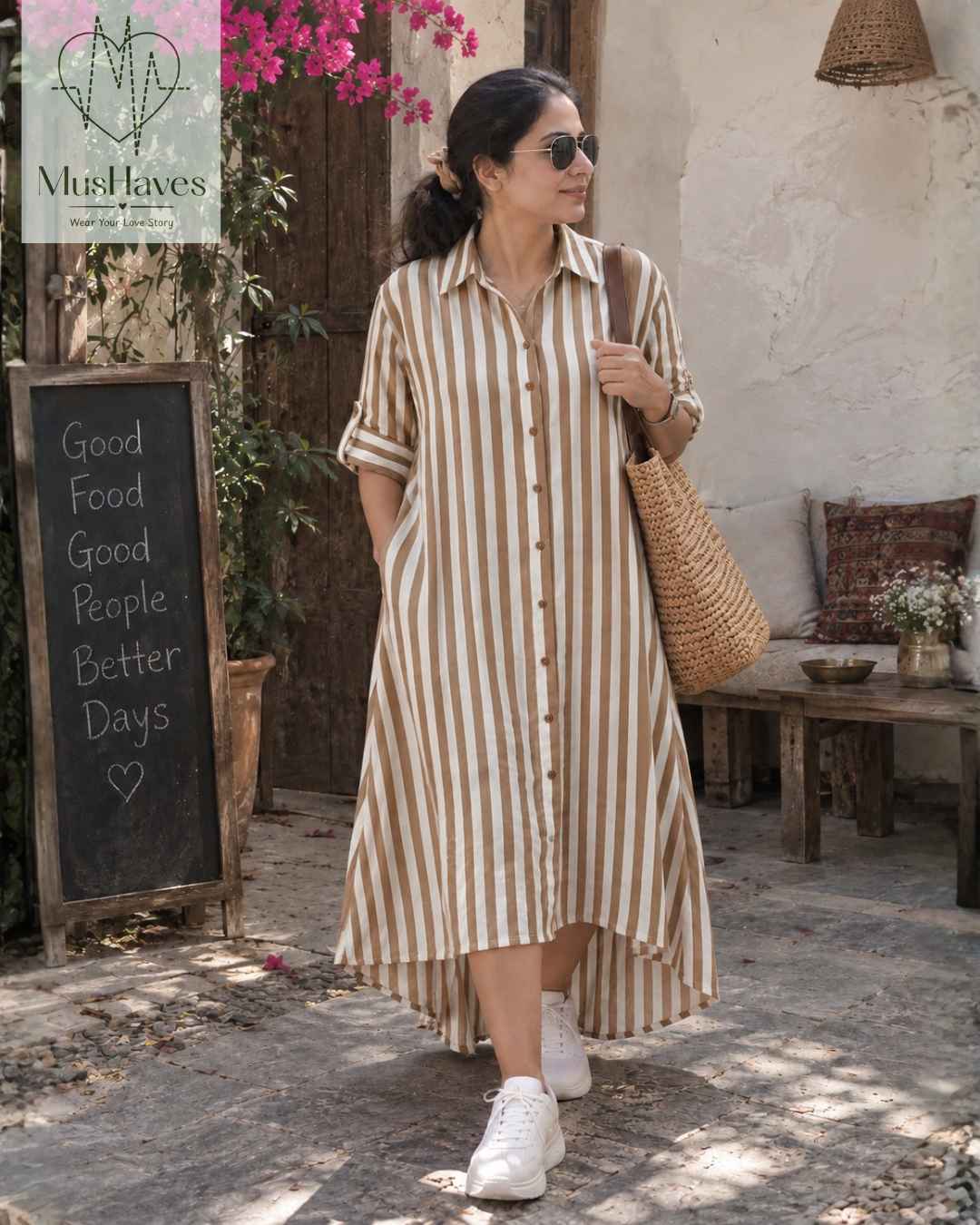 Signature Muslin Shirt Dress - Brown Stripes