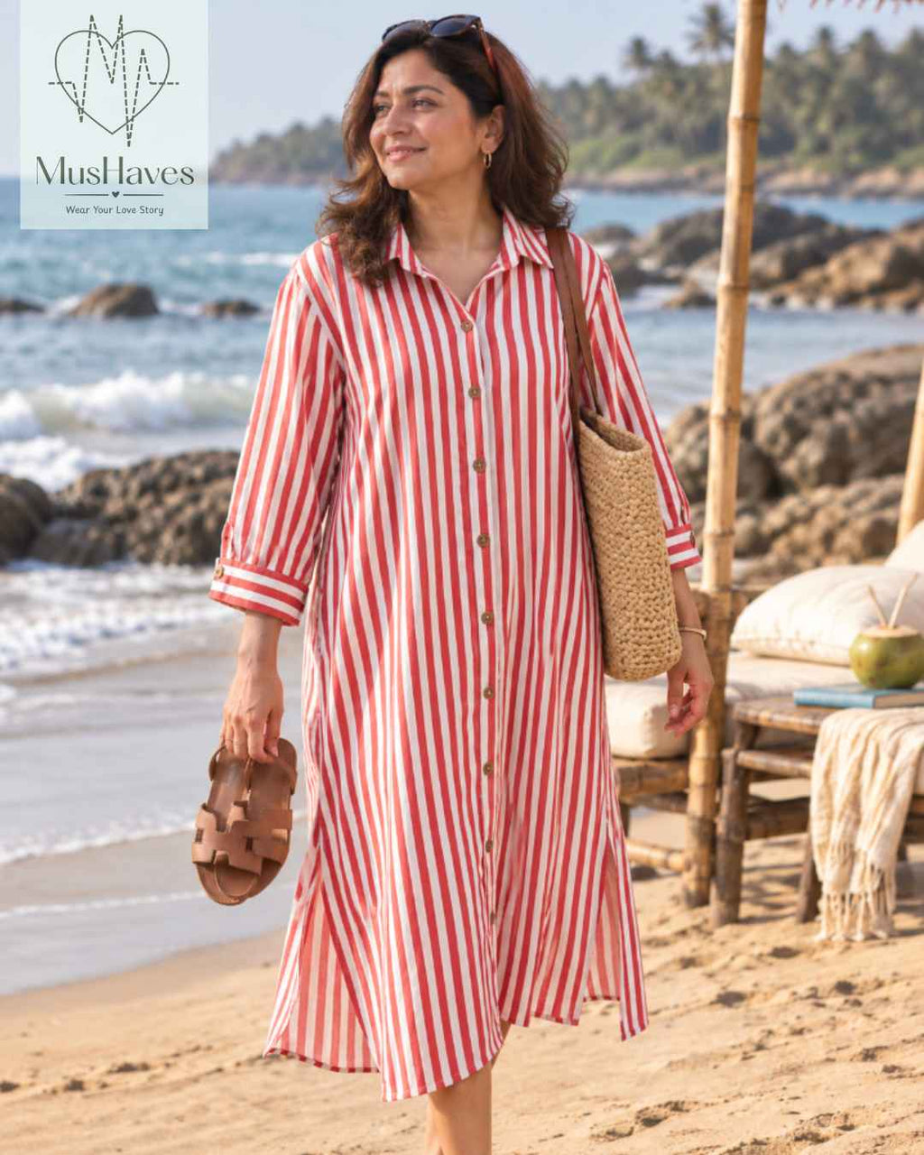 Signature Muslin Shirt Dress - Red Stripes