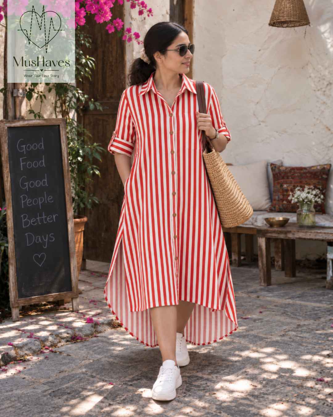 Signature Muslin Shirt Dress - Red Stripes