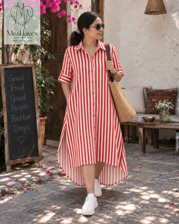 Signature Muslin Shirt Dress - Red Stripes