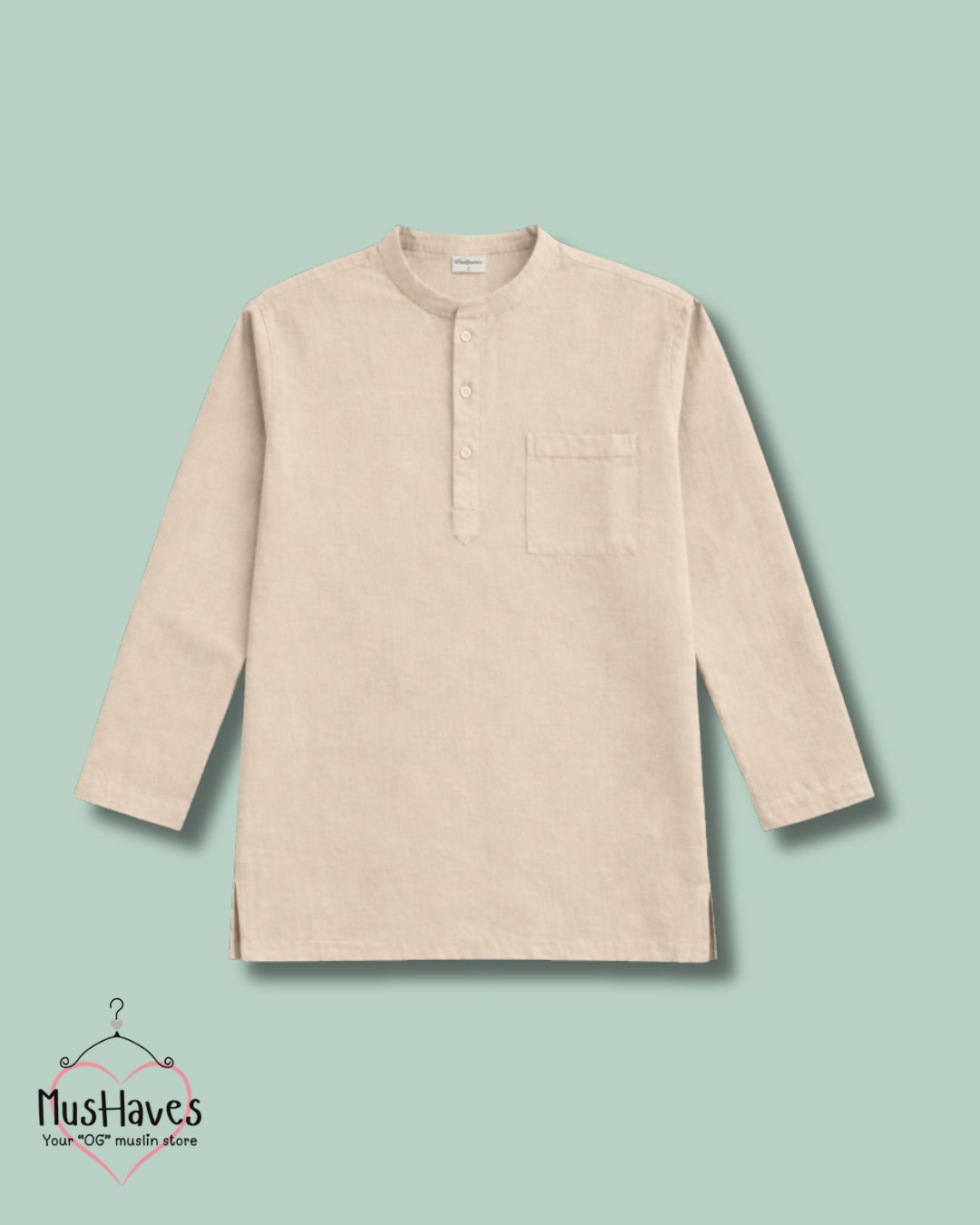 Classic Muslin Bandhgala Short Kurta – Light Beige