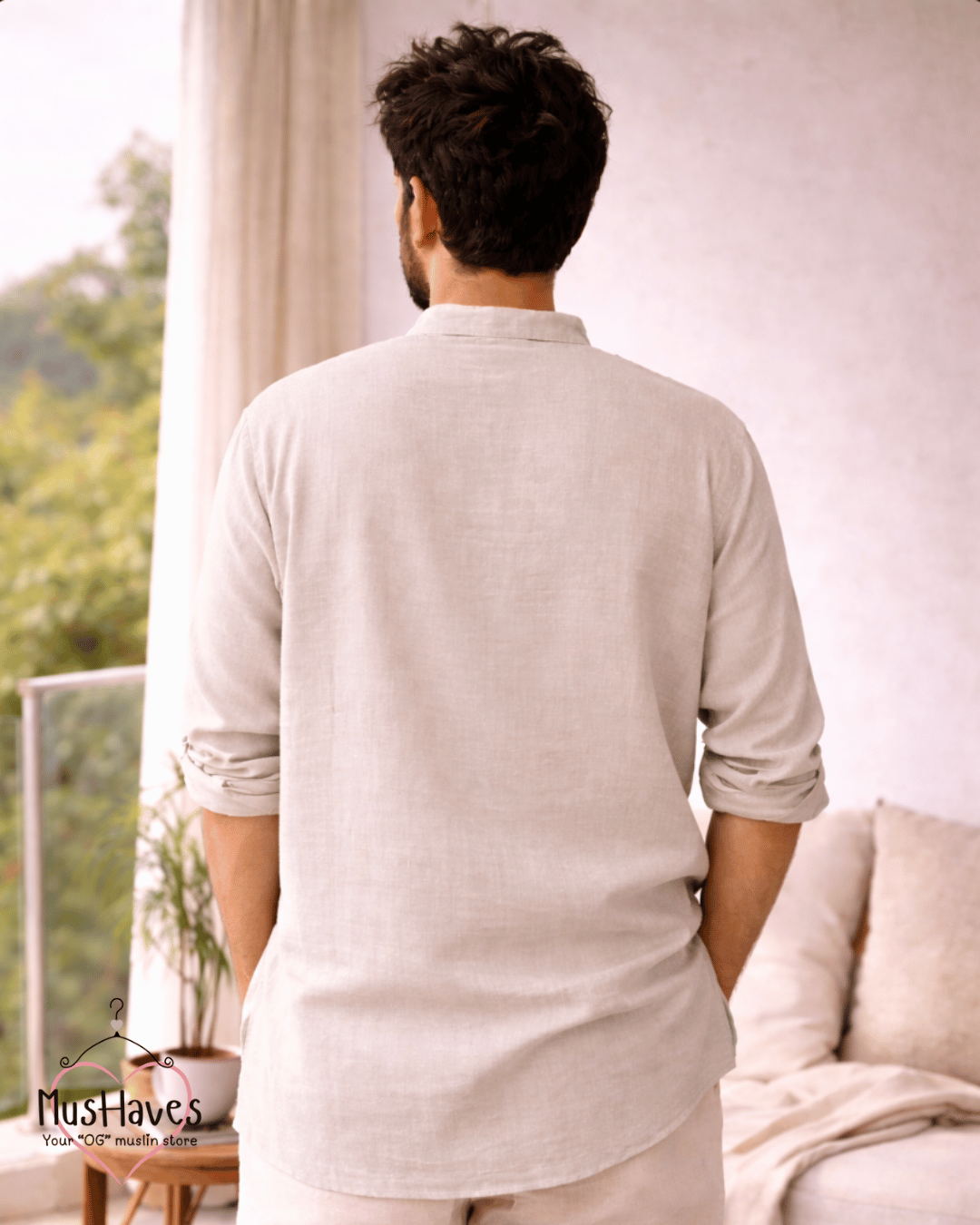 Classic Muslin Bandhgala Short Kurta – Light Beige